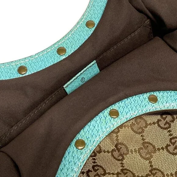 GUCCI GG/Bamboo Beige Light Blue Jacquard Leather Handbag 525-060625